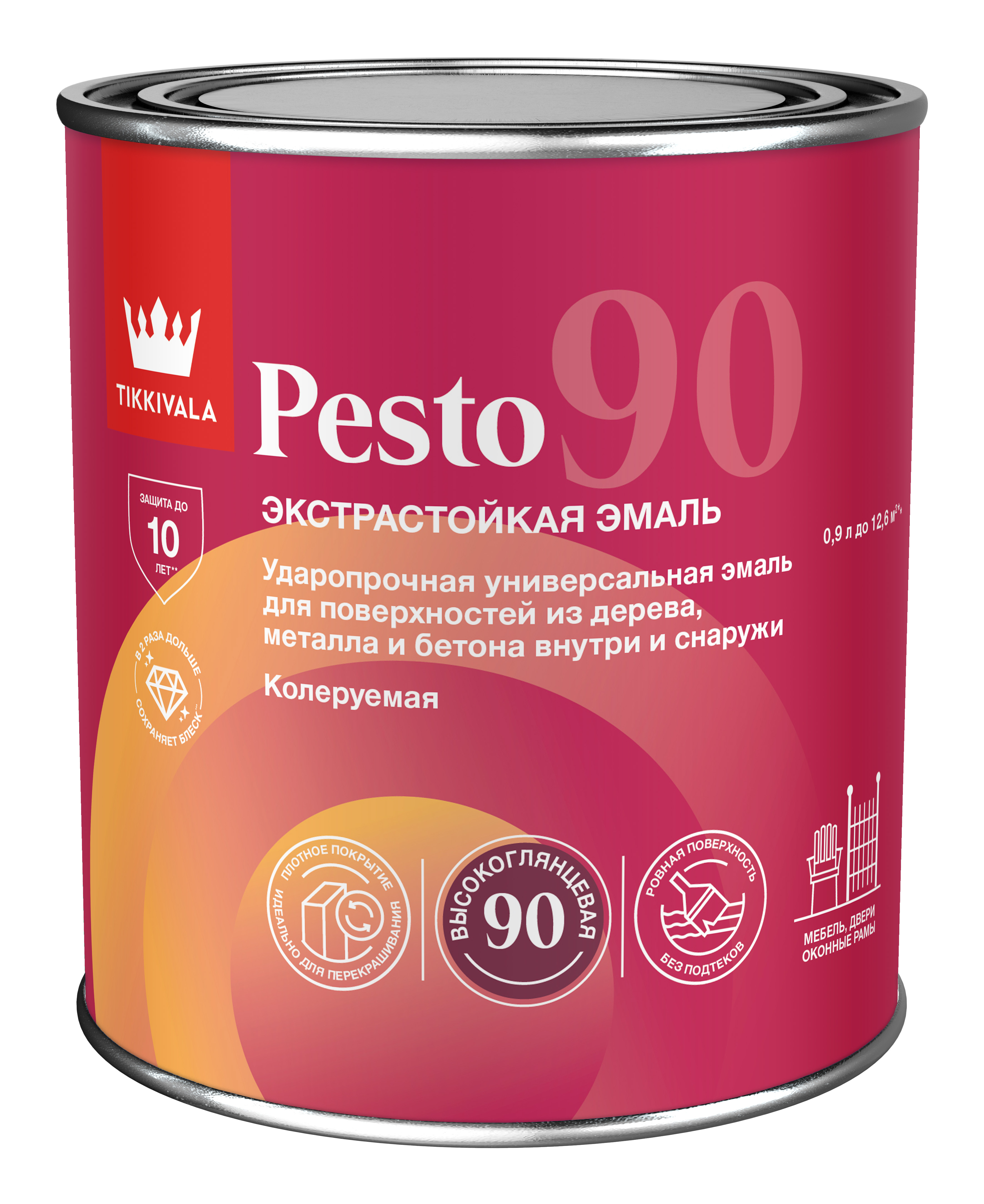 краска-эмаль Эмаль универсальная PESTO 90 (глянц) Tikkivala Основа C - для колеровки в насыщенные тона 0,9л, алкидная, атмосферостойкая, глянцевая, колеруемая по штукатурке