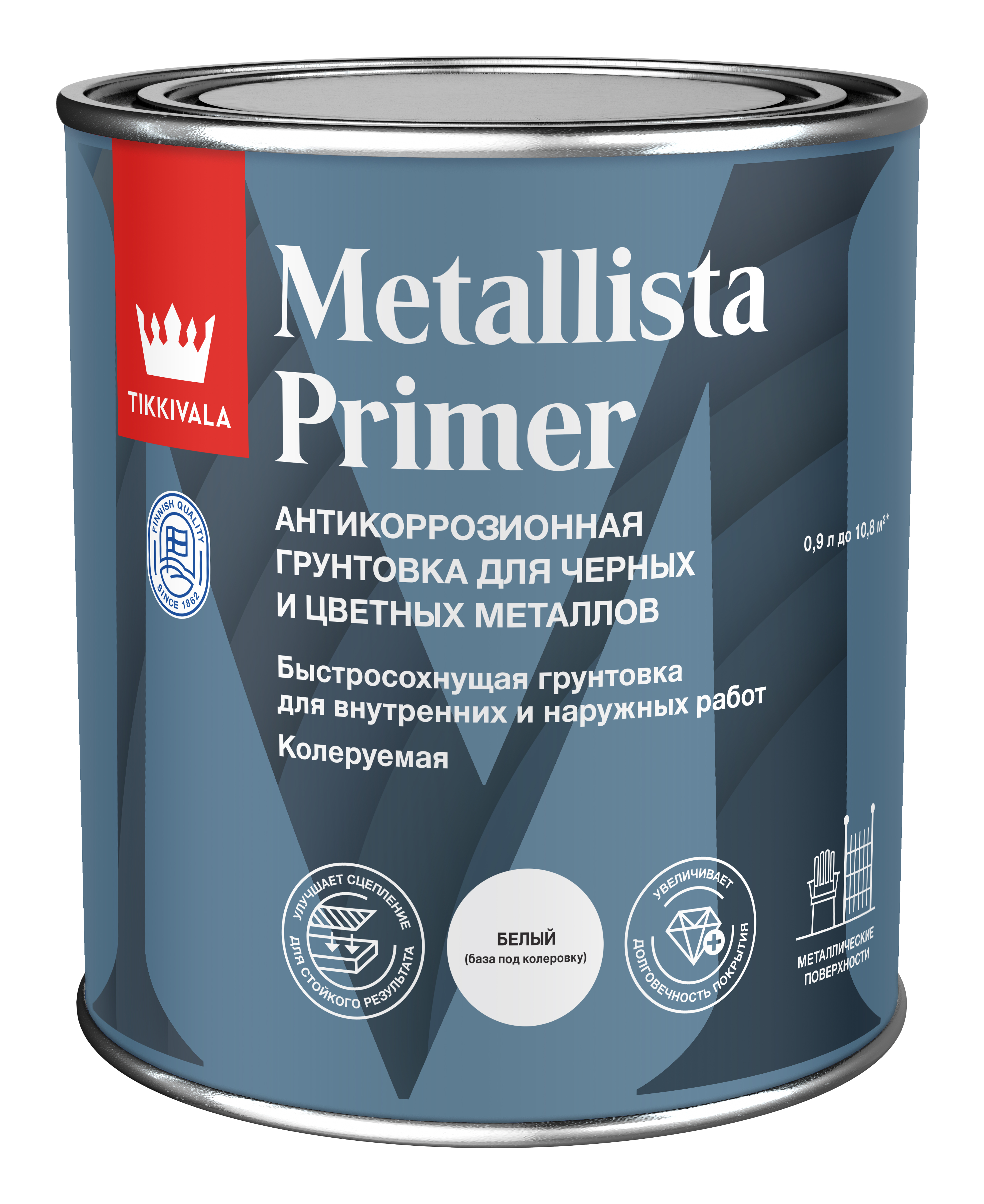 Tikkivala Грунт по металлу METALLISTA PRIMER 0,9 л оттенок Основа С (под колеровку в насыщенные тона), алкидная, атмосферостойкая, матовая, колеруемая для наружных работ