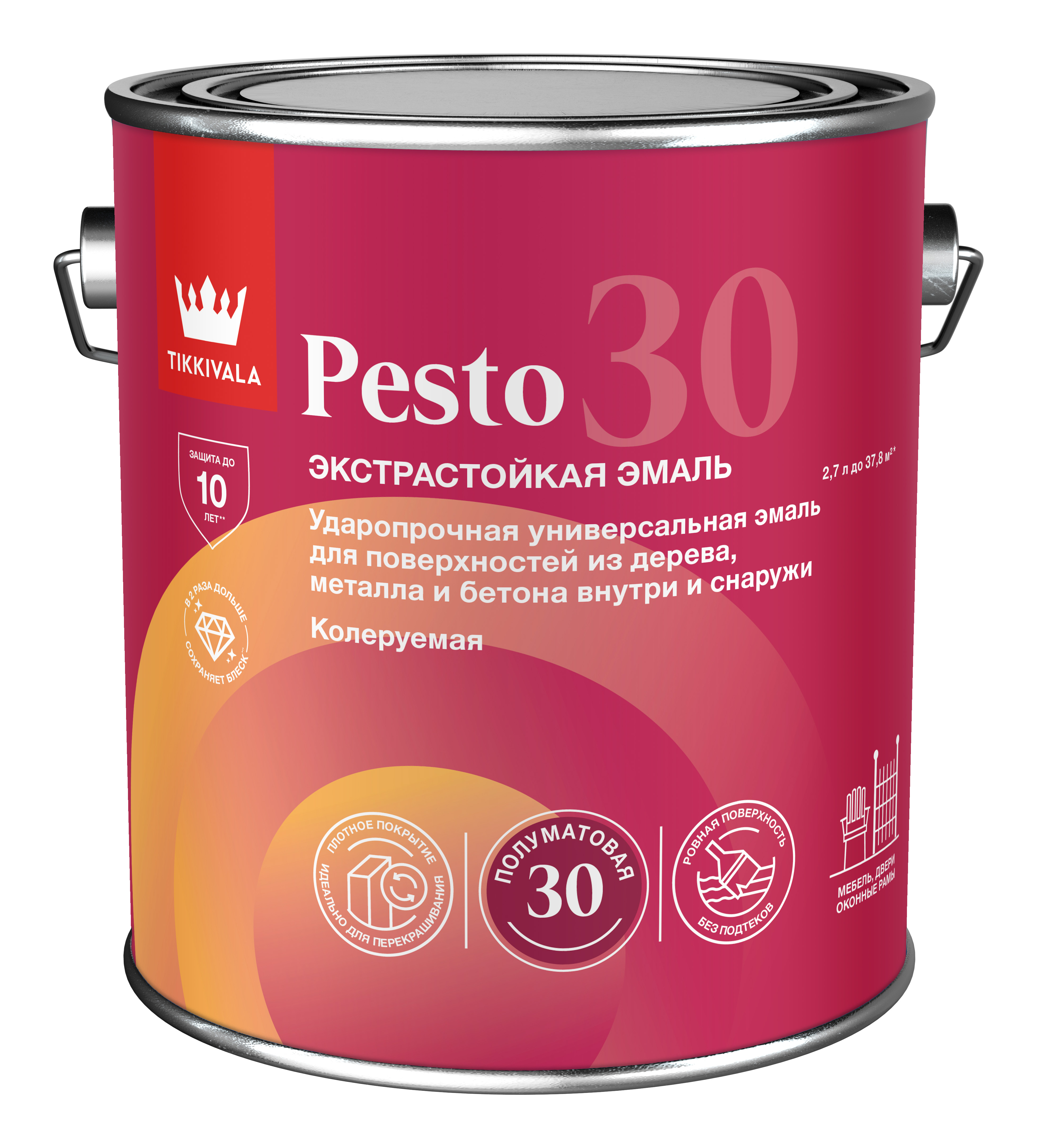 Эмаль универсальная PESTO 30 (полумат) Tikkivala 2,7л, Основа C - для колеровки в насыщенные тона, профессиональное покрытие по штукатурке