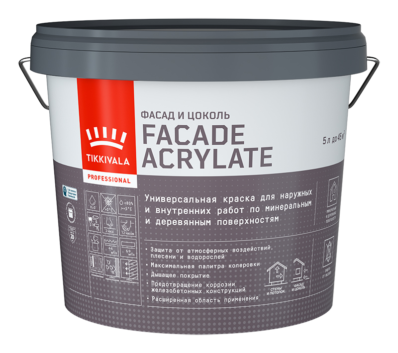 Фасадная краска Facade Acrylate (гл/мат) Белый 5 л Tikkivala: для фасада и для наружных работ