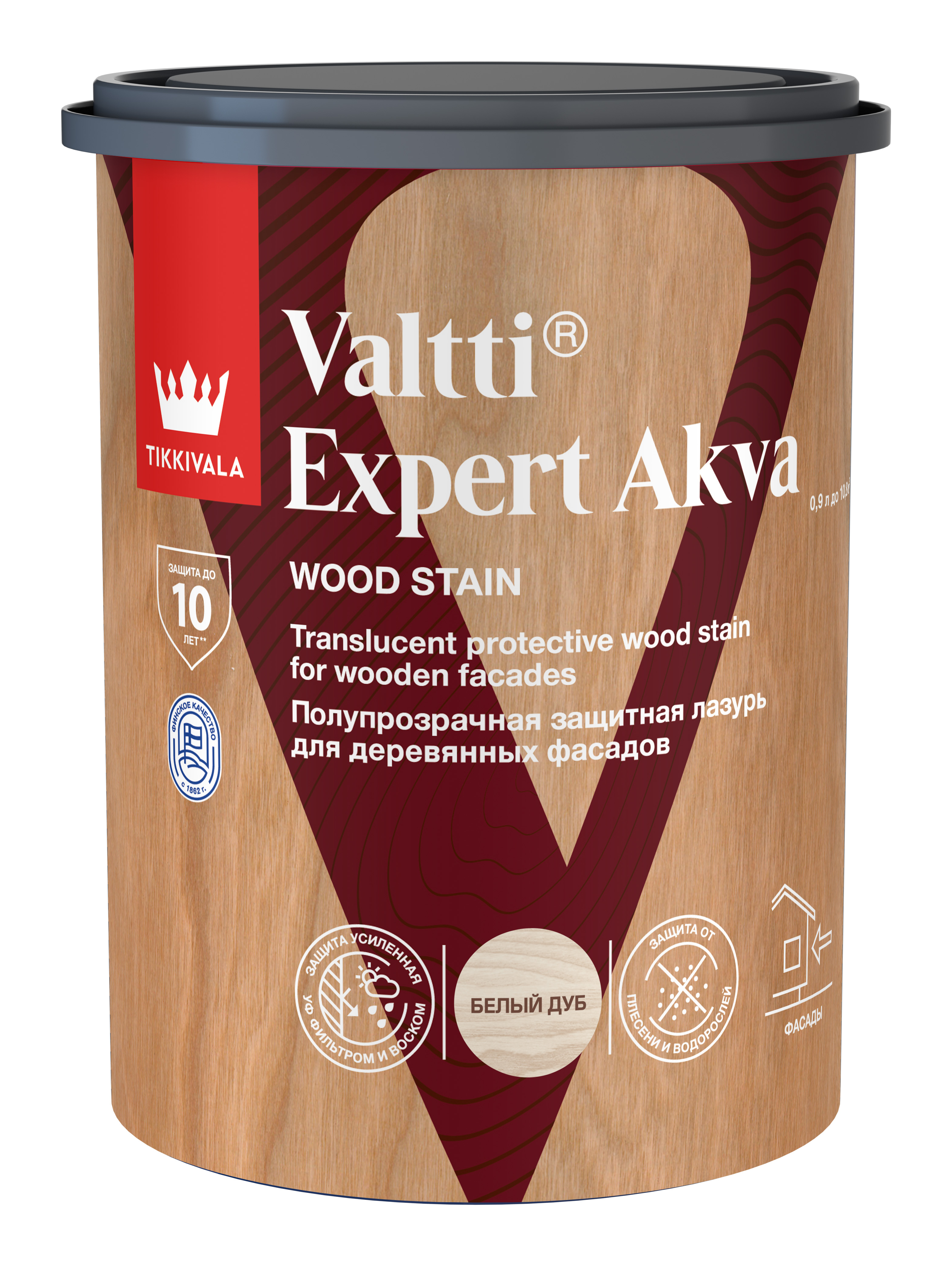 Tikkivala Защитная лазурь по дереву VALTTI EXPERT AKVA, 0,9л, оттенок Белый дуб, акриловая, водно-дисперсионная, матовая, колеруемая для наружных работ
