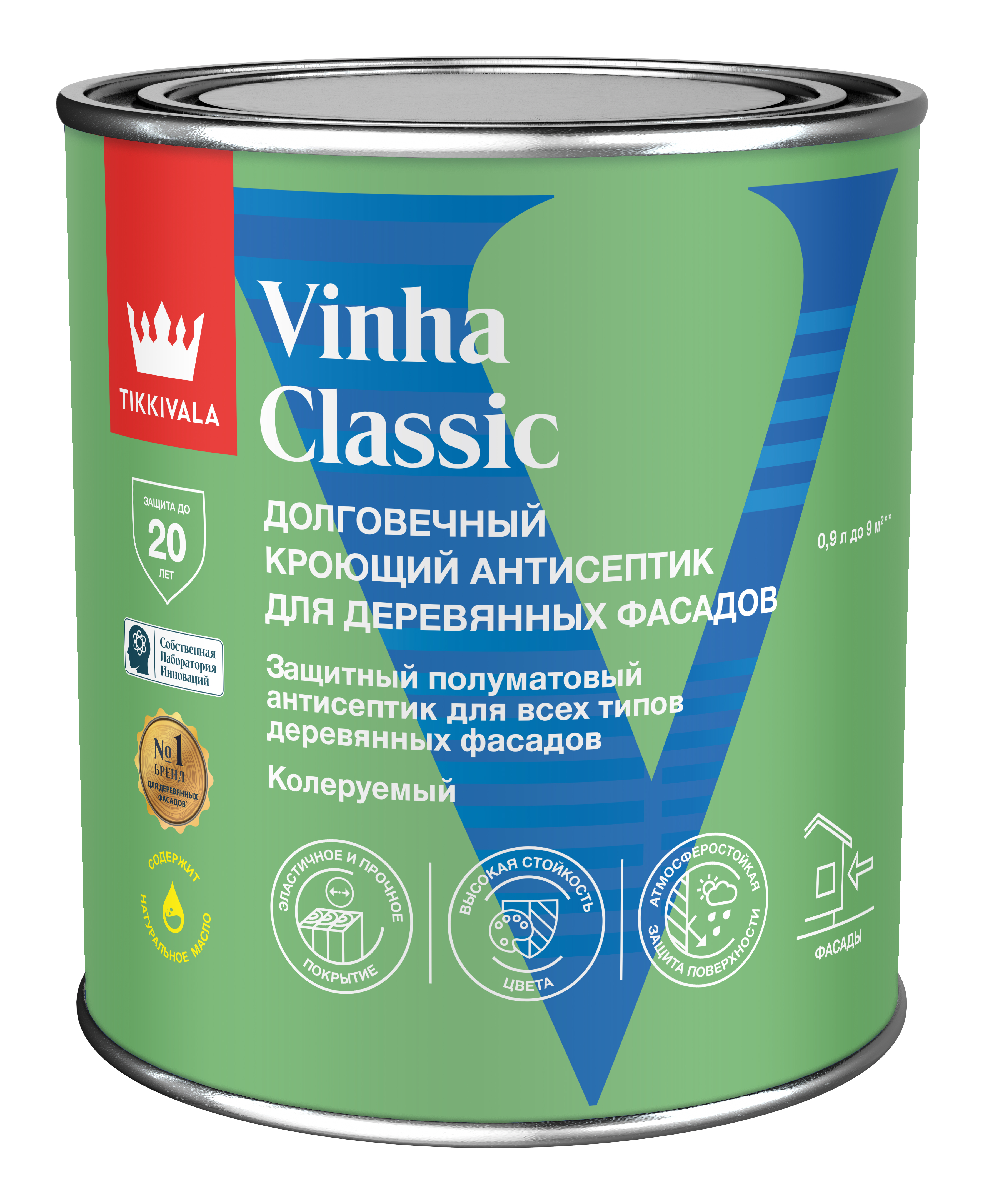 Tikkivala Кроющий антисептик Vinha Classic, Основа C - для колеровки в насыщенные тона, 0,9 л — антисептик акриловая, водно-дисперсионная, матовая, колеруемая для фасада