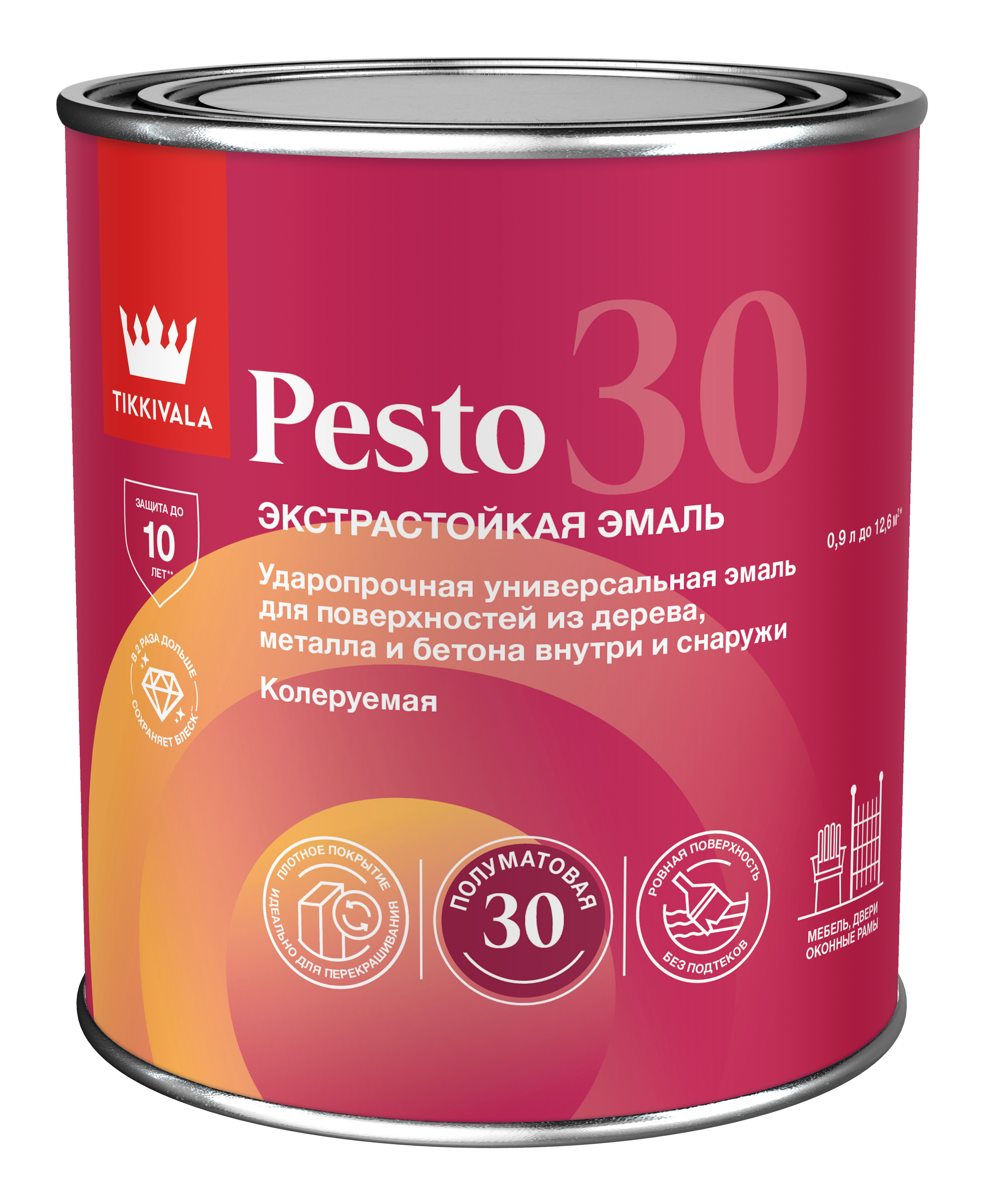 Tikkivala Эмаль универсальная PESTO 30 (полумат), Основа C - для колеровки в насыщенные тона, 0,9л — эмаль алкидная, атмосферостойкая, матовая, колеруемая для фасада