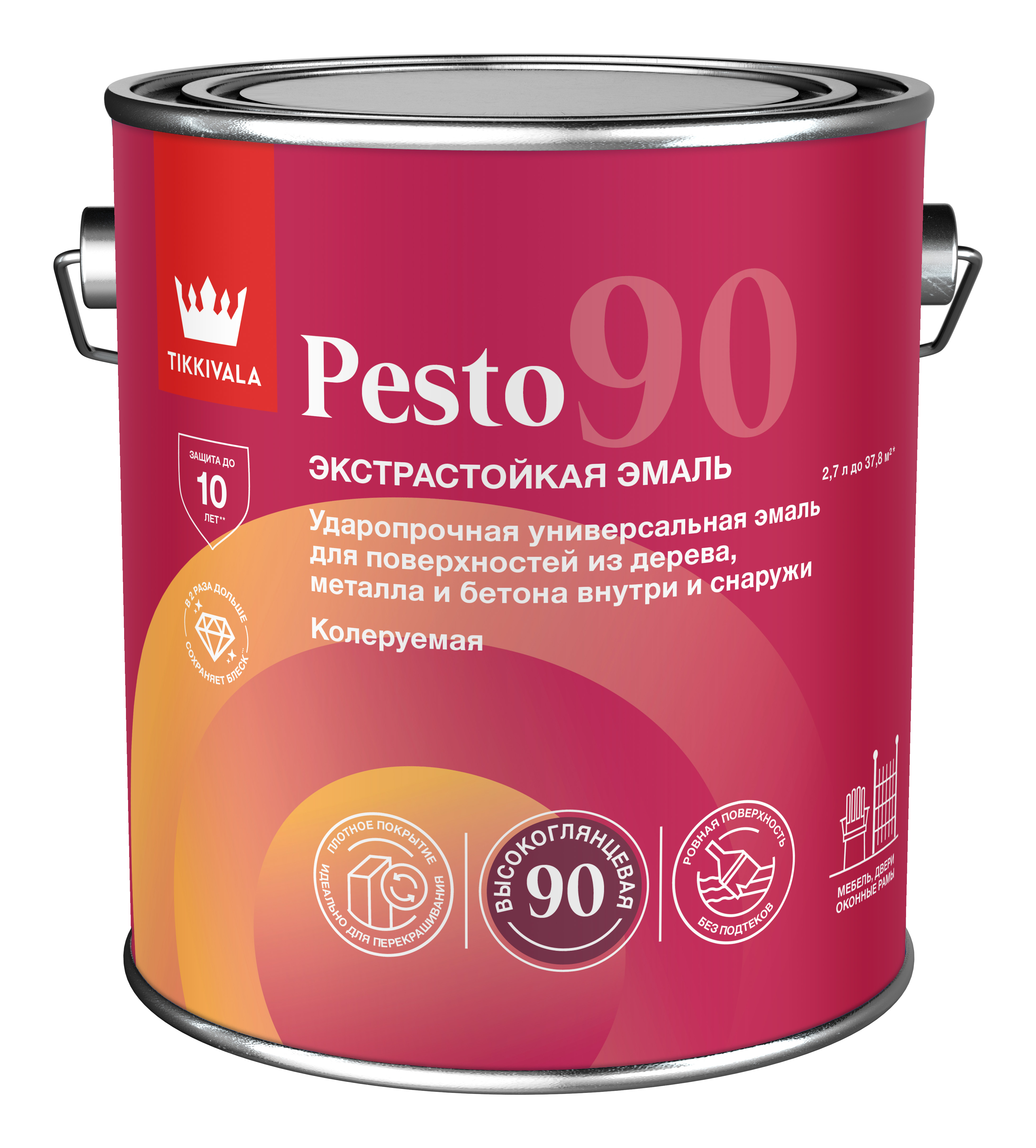 Tikkivala Эмаль универсальная PESTO 90 (глянц), Основа C - для колеровки в насыщенные тона, 2,7 л — эмаль алкидная, атмосферостойкая, глянцевая, колеруемая для фасада