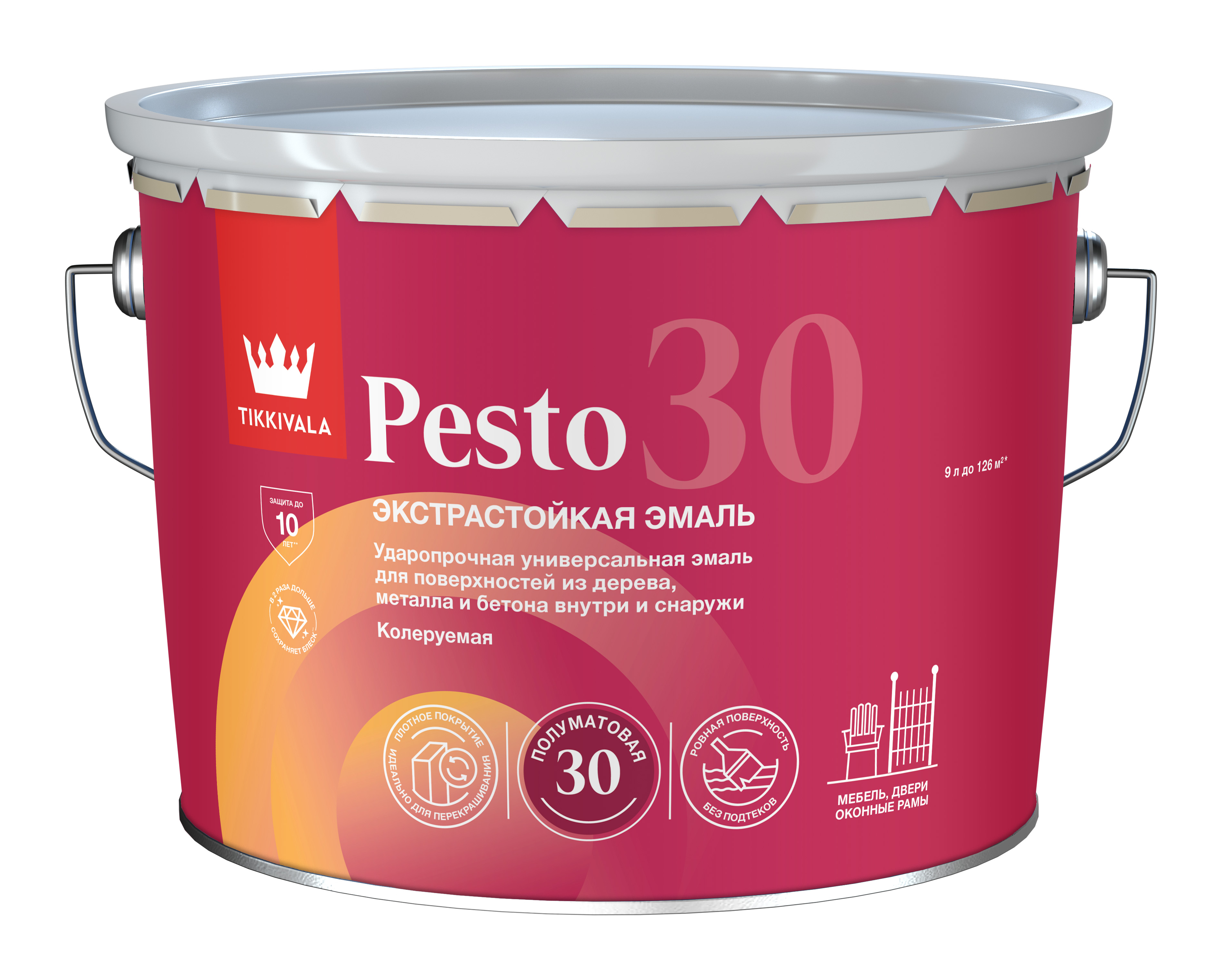 Эмаль универсальная PESTO 30 (полумат) Основа C - для колеровки в насыщенные тона 9 л Tikkivala: для фасада и для наружных работ