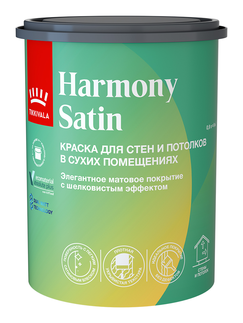 Tikkivala Интерьерная матовая краска HARMONY SATIN 0,9л Белый, для стен и потолков, акриловая, водно-дисперсионная, матовая, колеруемая