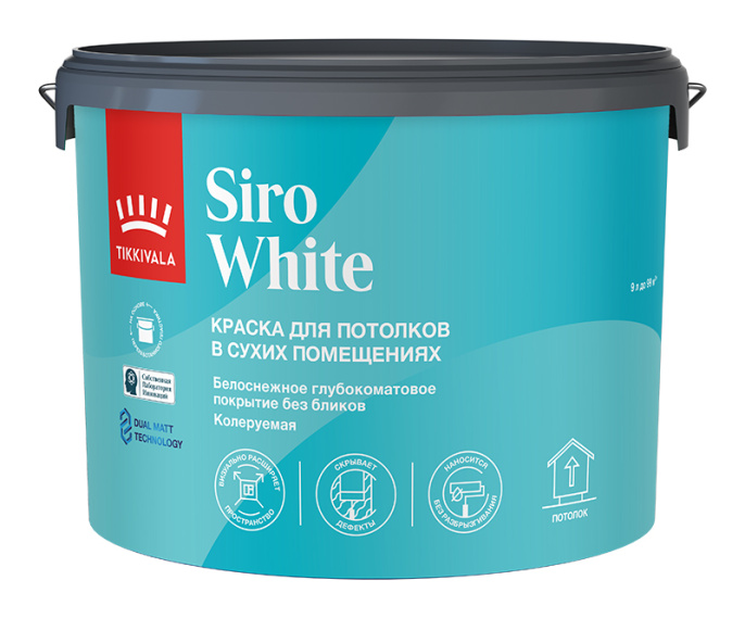 Изображение товараГлубокоматовая краска для потолков Siro White, Белый, 9л, Tikkivala — купить для внутренних работ Глубокоматовая краска для потолков Siro White, Белый, 9л, Tikkivala — купить для внутренних работ