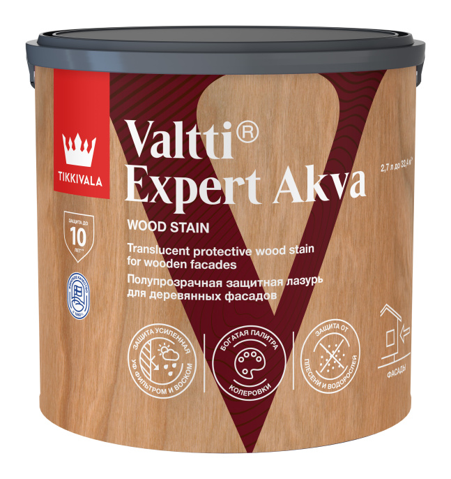 Изображение товараЗащитная лазурь по дереву VALTTI EXPERT AKVA Tikkivala 2,7л, Прозрачный, профессиональное покрытие по штукатурке Защитная лазурь по дереву VALTTI EXPERT AKVA Tikkivala 2,7л, Прозрачный, профессиональное покрытие по штукатурке