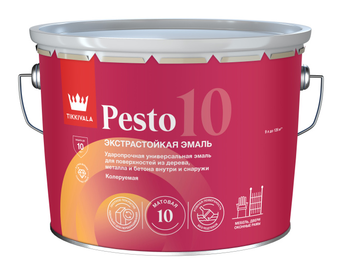 краска-эмаль Эмаль универсальная PESTO 10 (мат) Tikkivala Основа C - для колеровки в насыщенные тона 9 л, алкидная, атмосферостойкая, матовая, колеруемая по штукатурке