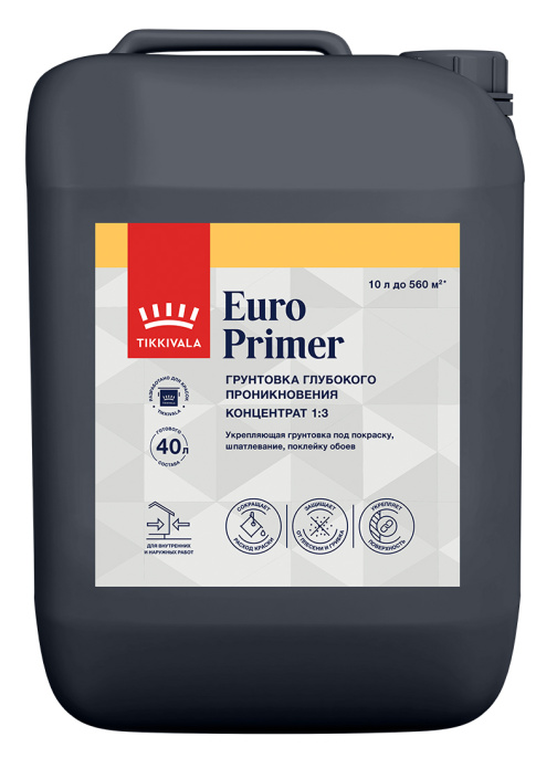 Изображение товараTikkivala Грунт интерьерный EURO PRIMER, 10л, оттенок Бесцветный, акриловая, водно-дисперсионная, укрепляющая для внутренних работ Tikkivala Грунт интерьерный EURO PRIMER, 10л, оттенок Бесцветный, акриловая, водно-дисперсионная, укрепляющая для внутренних работ