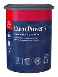 Моющаяся краска для стен и потолков EURO POWER 7, Основа С (под колеровку в насыщенные тона), 0,9л, Tikkivala — купить для внутренних работ