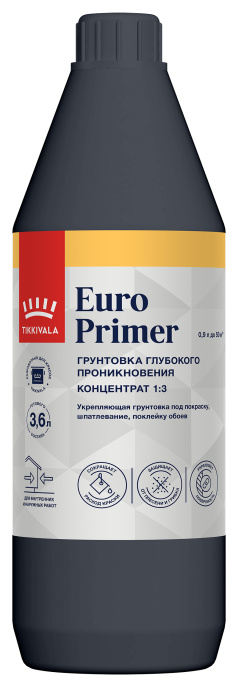 Изображение товараГрунт интерьерный EURO PRIMER, Бесцветный, 0,9л, Tikkivala — купить для внутренних работ Грунт интерьерный EURO PRIMER, Бесцветный, 0,9л, Tikkivala — купить для внутренних работ