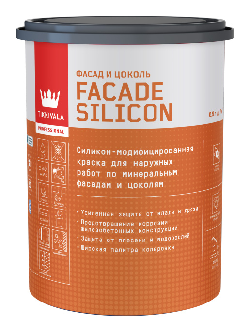 Фасадная краска Facade Silicon (гл/мат) Tikkivala, цвет Основа C - для колеровки в насыщенные тона, фасовка 0,9л: для наружных работ, по штукатурке