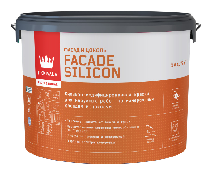Изображение товараФасадная краска Facade Silicon (гл/мат) — лакокрасочное покрытие Tikkivala, Основа C - для колеровки в насыщенные тона, 9л, по штукатурке Фасадная краска Facade Silicon (гл/мат) — лакокрасочное покрытие Tikkivala, Основа C - для колеровки в насыщенные тона, 9л, по штукатурке