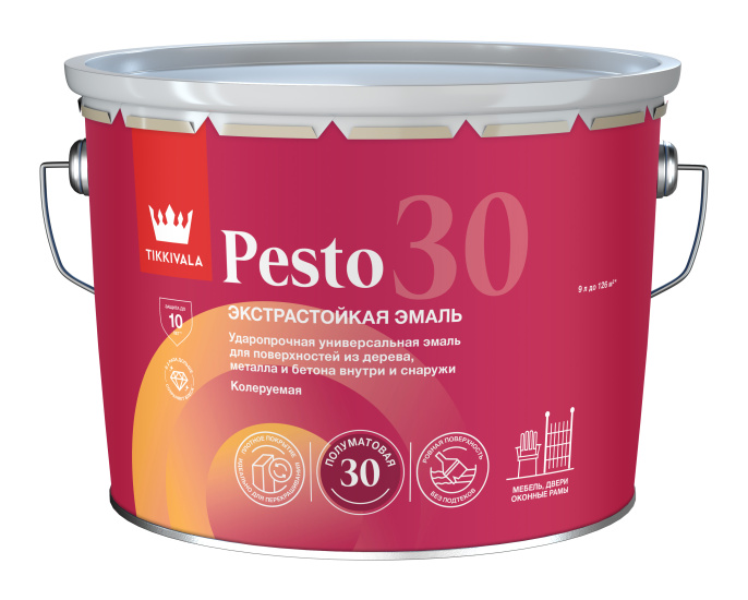 Изображение товараЭмаль универсальная PESTO 30 (полумат) Основа C - для колеровки в насыщенные тона 9 л Tikkivala: для фасада и для наружных работ Эмаль универсальная PESTO 30 (полумат) Основа C - для колеровки в насыщенные тона 9 л Tikkivala: для фасада и для наружных работ